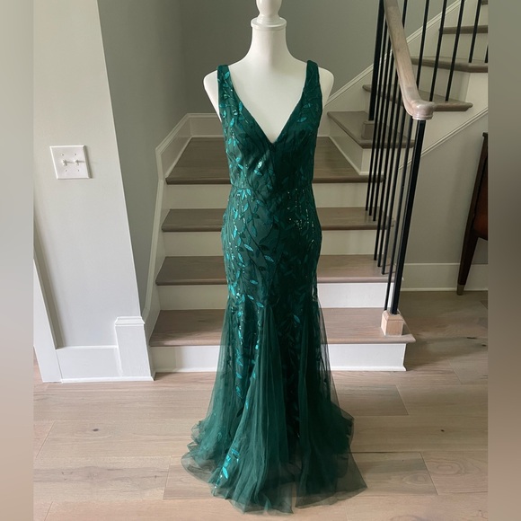 Ever Pretty Emerald Gown V-Neck Leaf Sequin Mermaid Formal Evening Dress w Tulle - Picture 3 of 11